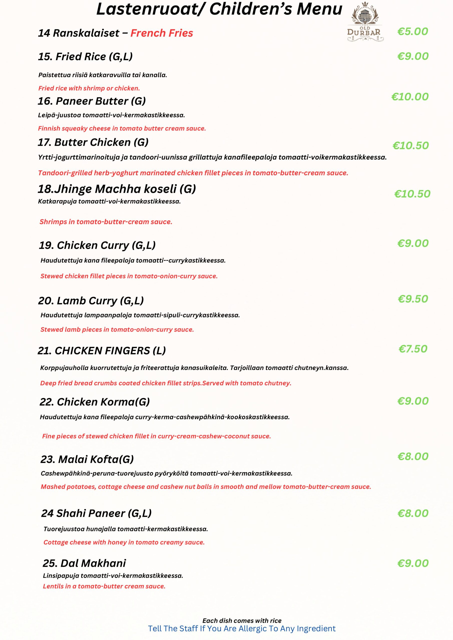 Lastenruoat/ Children’s Menu