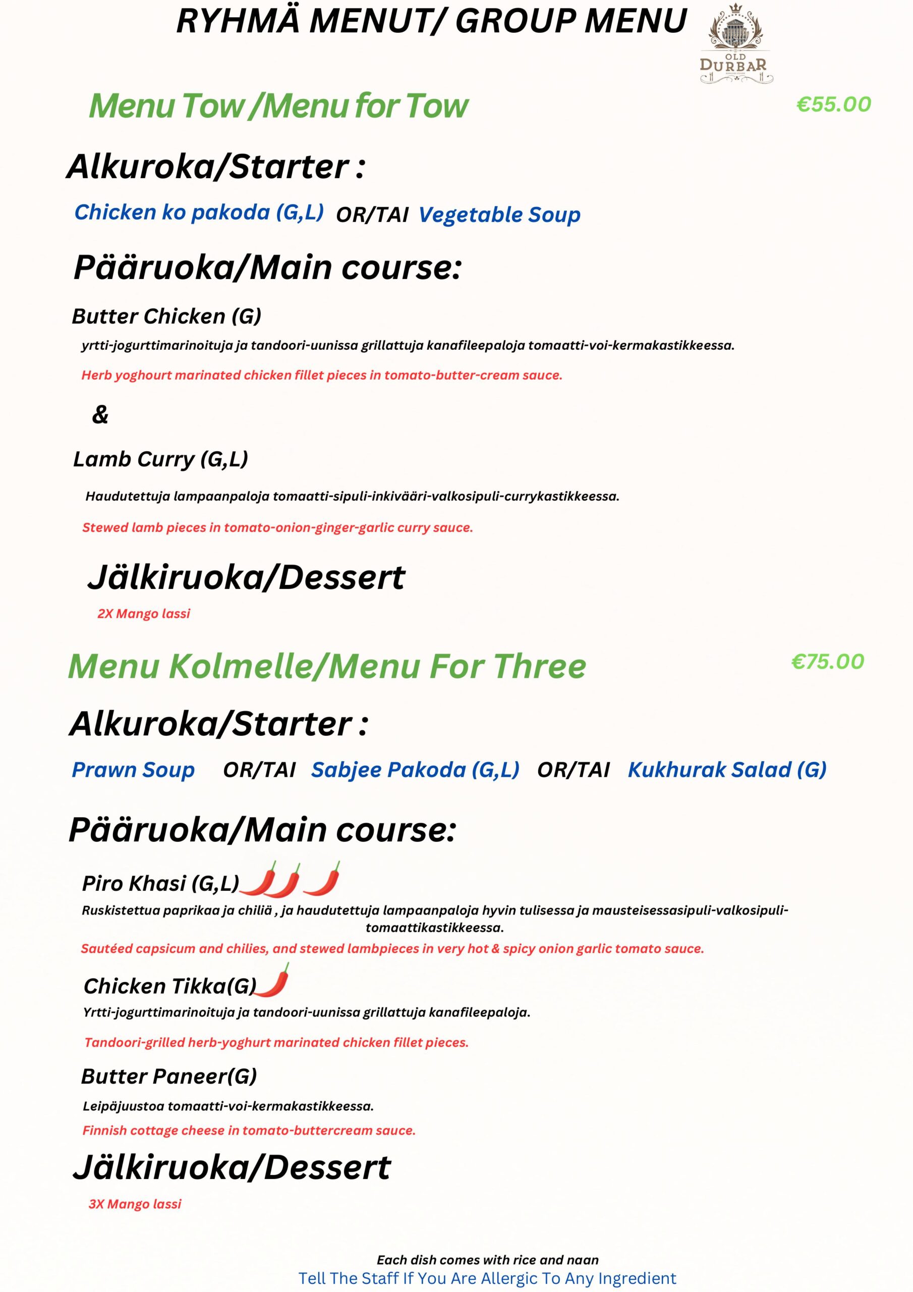 RYHMÄ MENUT/ GROUP MENU