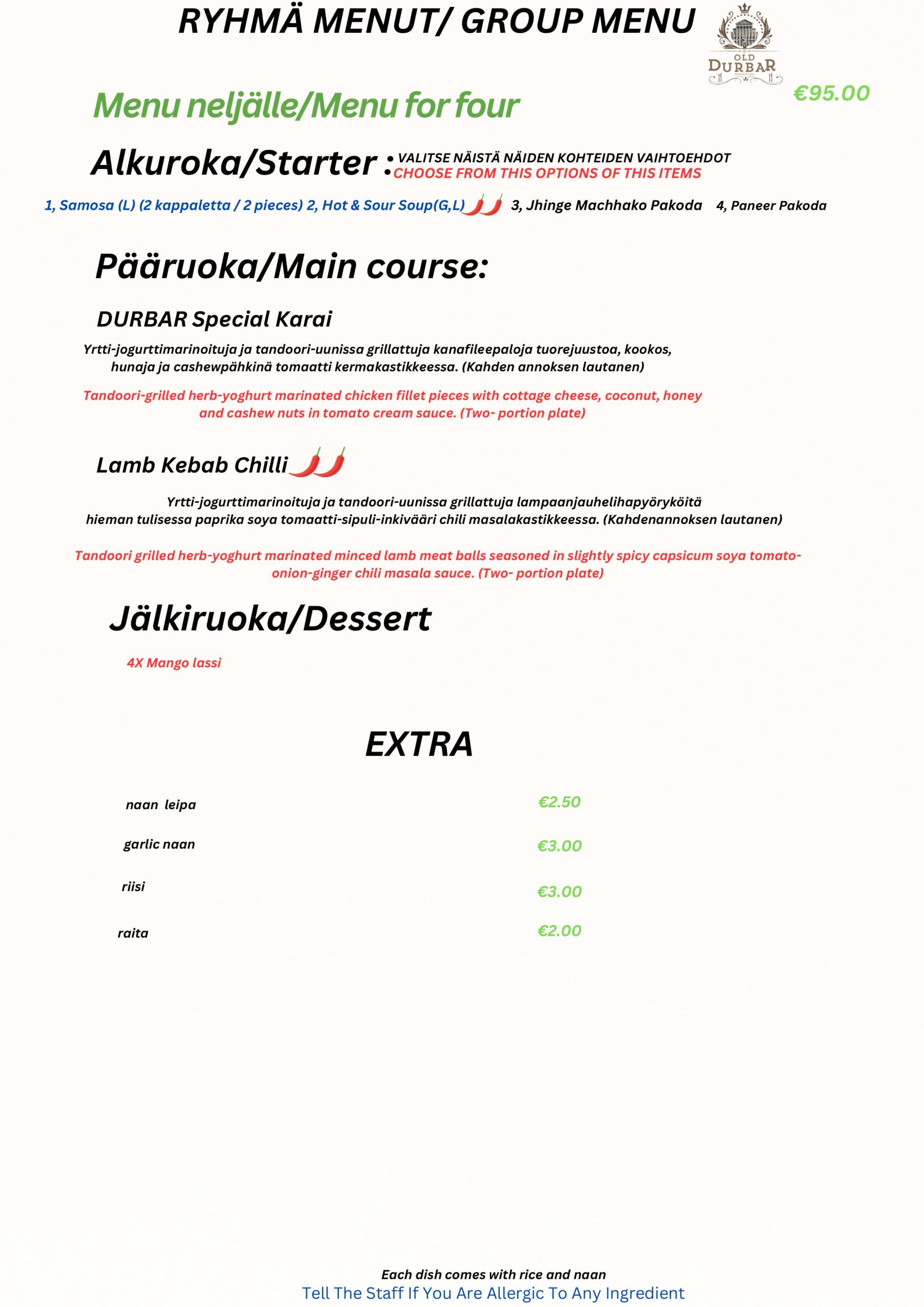 RYHMÄ MENUT/ GROUP MENU